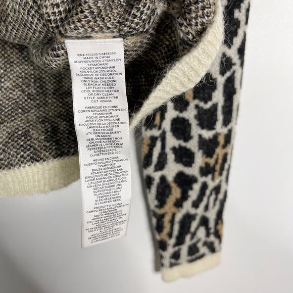 Joie Medium M Cream Black Leopard Print Wool Mohair Full Zip Sweater Animal Crew - Picture 8 of 9